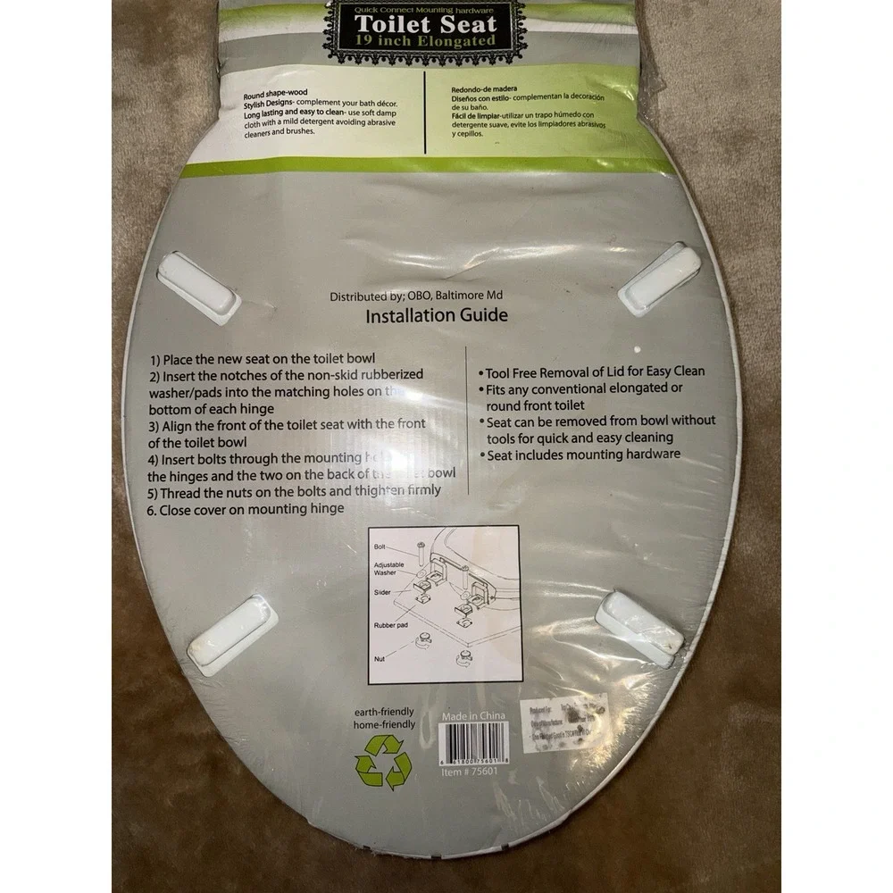 New Erin's Home Toilet Seat Elongated 19 inch Bottom Mount MDF Cover White